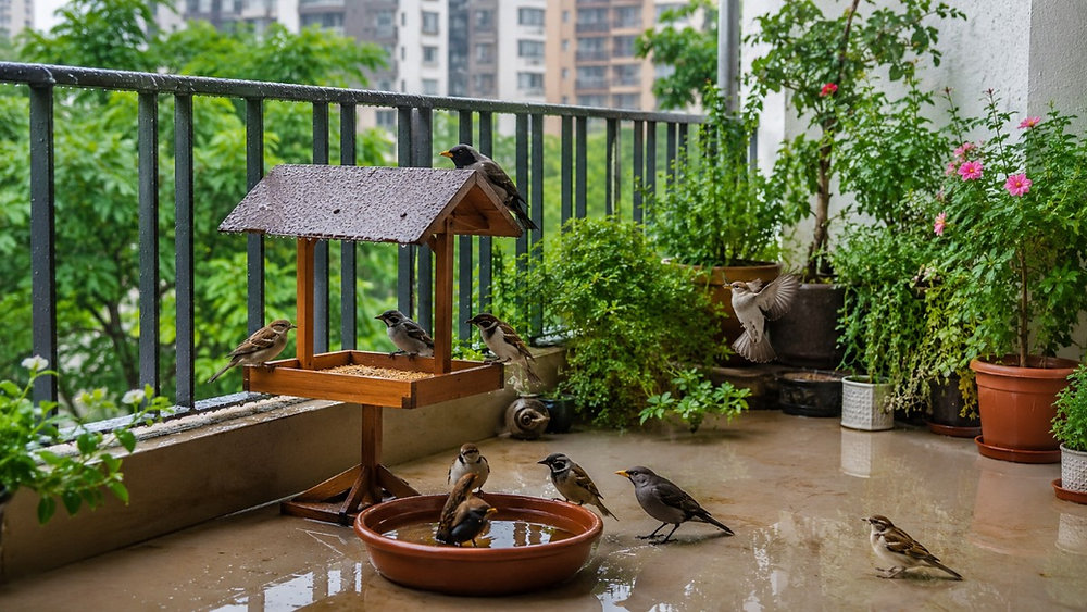 bird feeder on apartment balcony